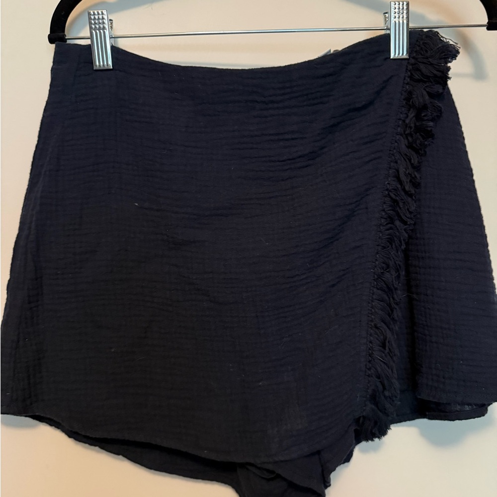 Sundays Alter Skort Black Cotton Gauze Faux Wrap Skort with Fringe Trim - Size S